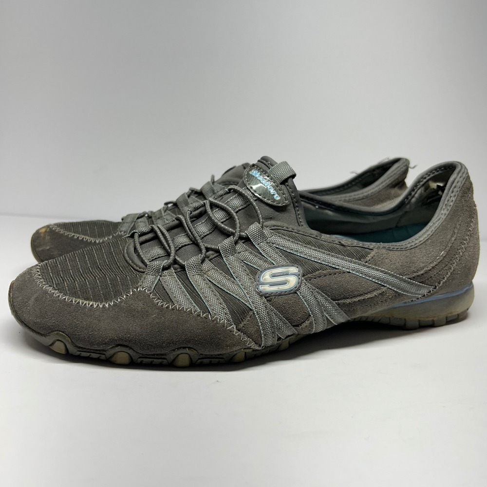 Skechers 21139 Grey Leather Textile Slip On Sneakers Womens 11 Bungee Lace Flat